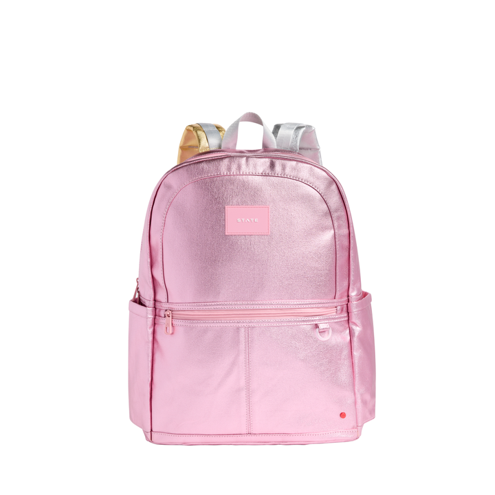 >State Bags Kane Kids Double Pocket Large Backpack in Pink/Silver