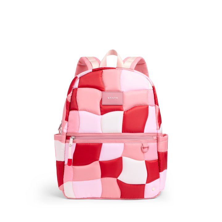 >State Bags Kane Kids Double Pocket Large Backpack in Pink Puffer Check