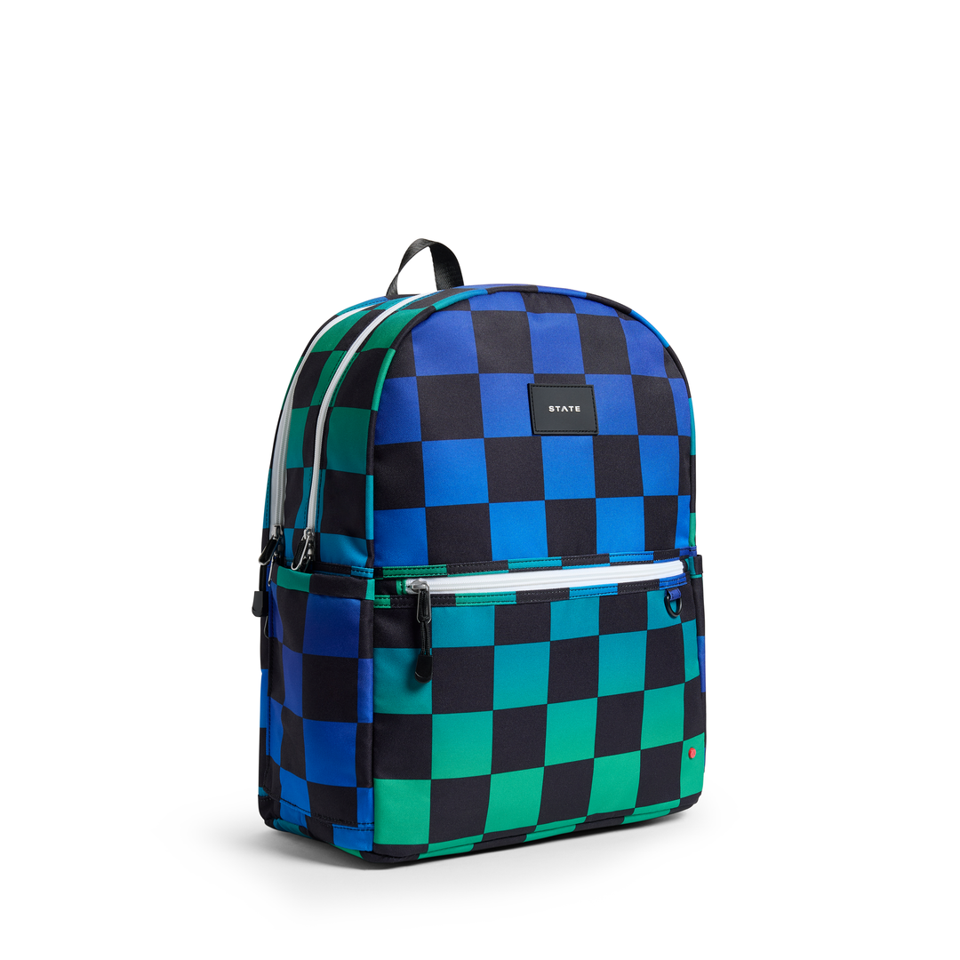 State Bags Kane Kids Double Pocket Large Backpack in Blue Checkerboard