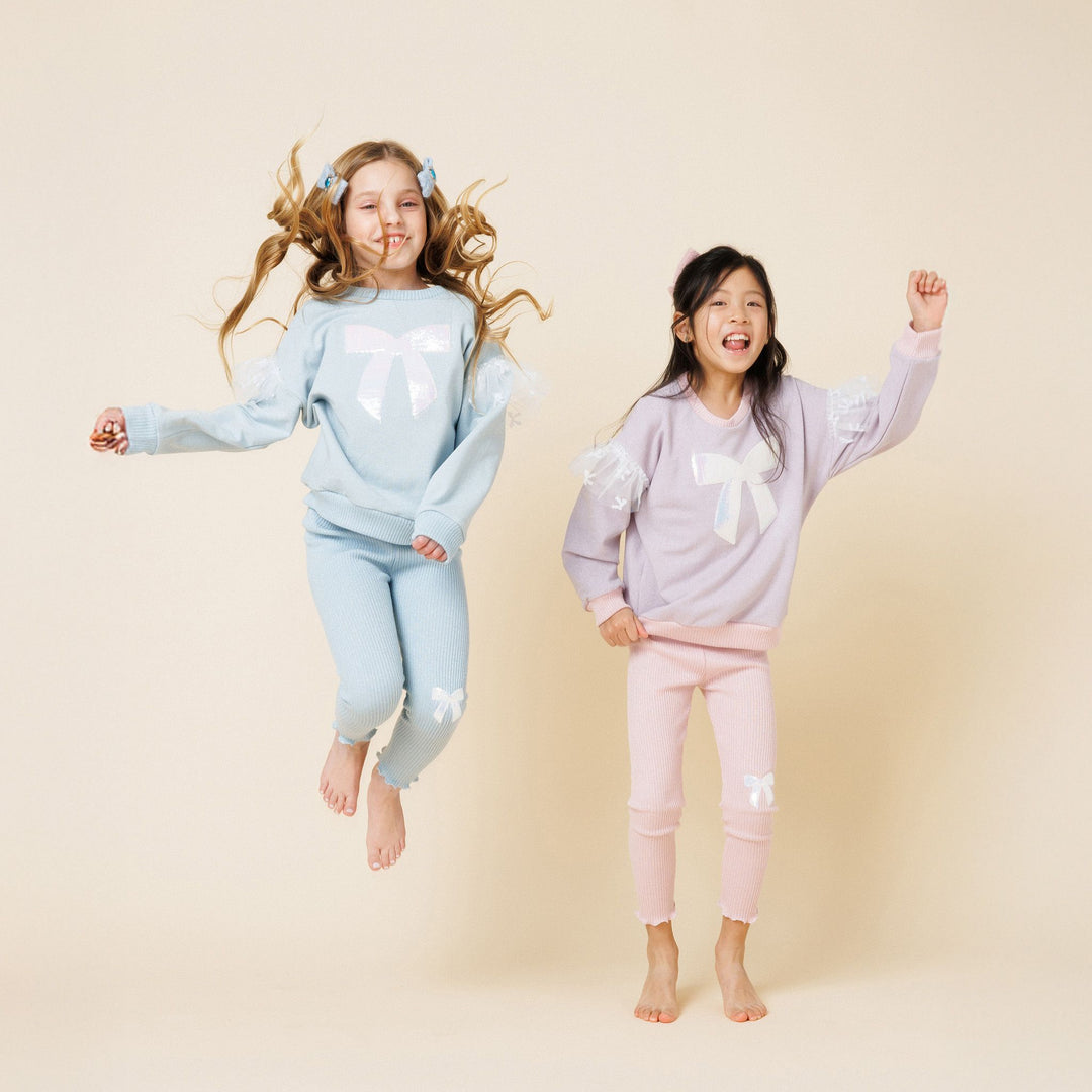 >Petite Hailey Girl Glitter Bow Frill Sweatshirt Set - Sky Blue