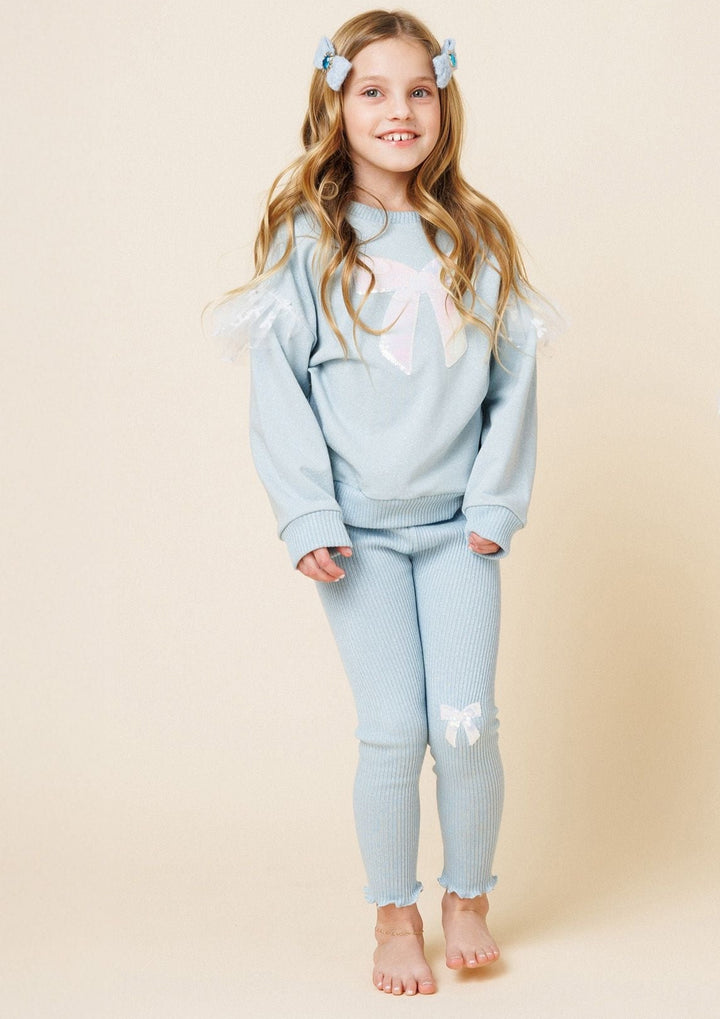 >Petite Hailey Girl Glitter Bow Frill Sweatshirt Set - Sky Blue