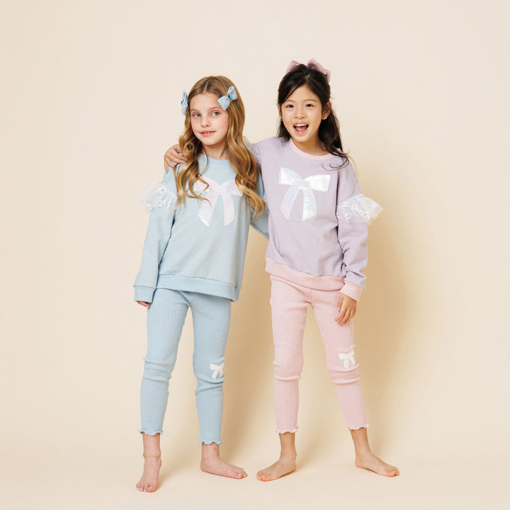 >Petite Hailey Girl Glitter Bow Frill Sweatshirt Set - Sky Blue