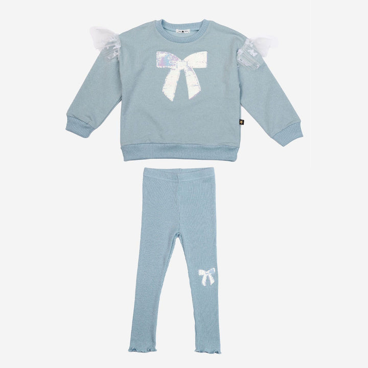 >Petite Hailey Girl Glitter Bow Frill Sweatshirt Set - Sky Blue
