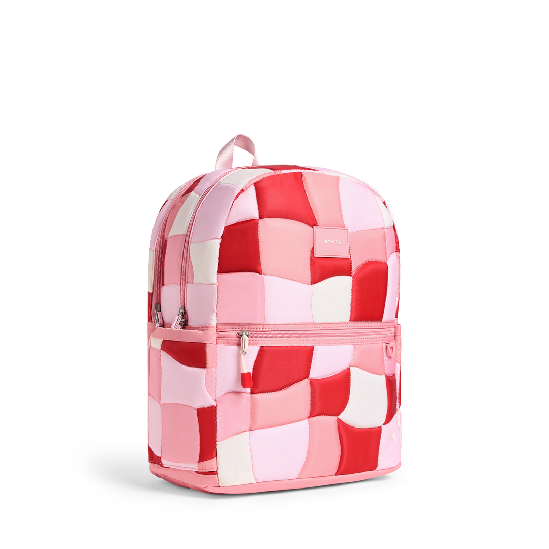 >State Bags Kane Kids Double Pocket Large Backpack in Pink Puffer Check