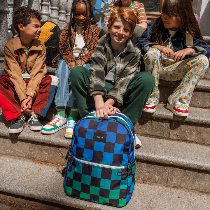 State Bags Kane Kids Double Pocket Large Backpack in Blue Checkerboard