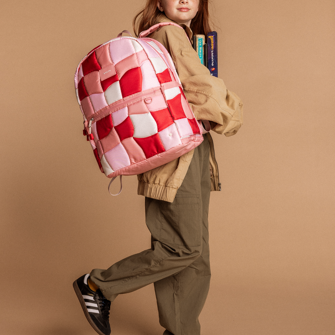 >State Bags Kane Kids Double Pocket Large Backpack in Pink Puffer Check