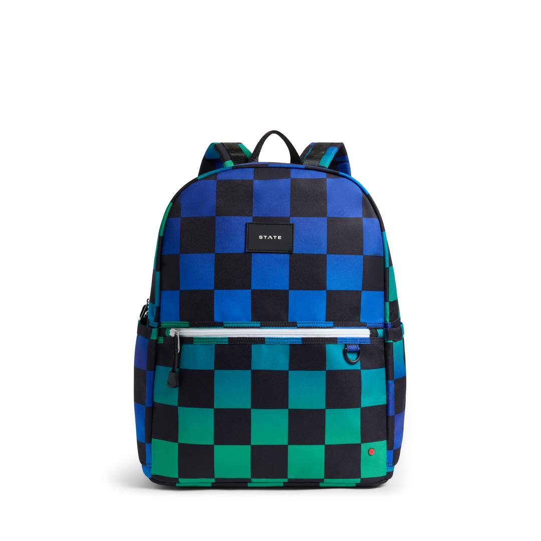 State Bags Kane Kids Double Pocket Large Backpack in Blue Checkerboard