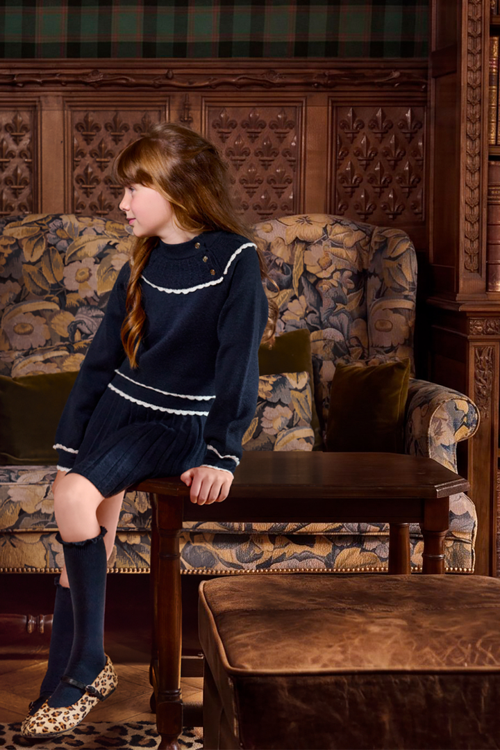 >Tartine et Chocolat Kids Girls Wool Scalloped High Collar Dress - Navy