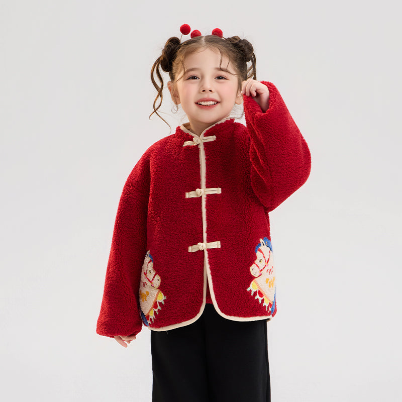 >Nian 年衣 喜乐戏马加绒外套 - 年衣红
