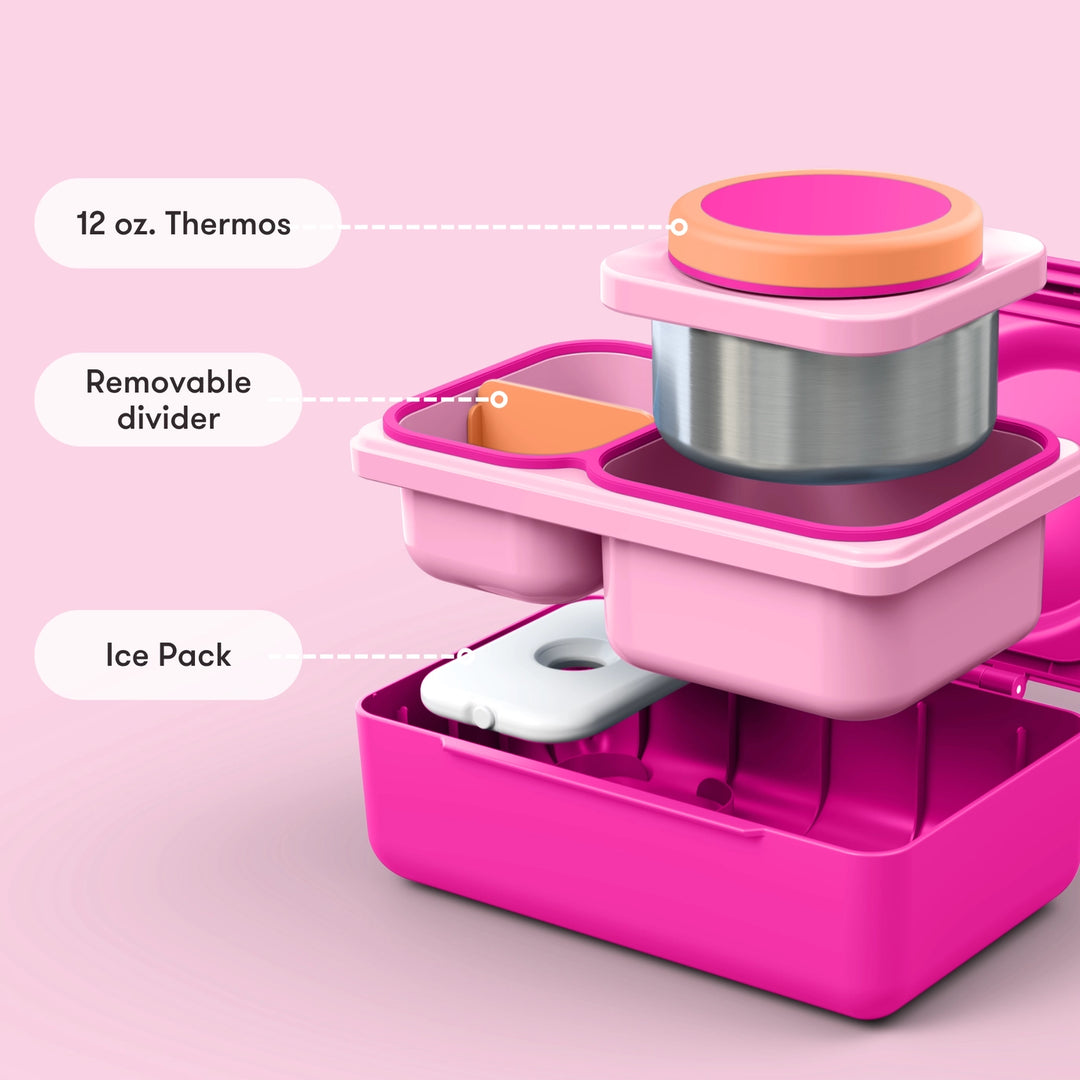 >OmieBox UP Lunch Box with Fork, Spoon + Pod Set - Pop Pink 9Y+