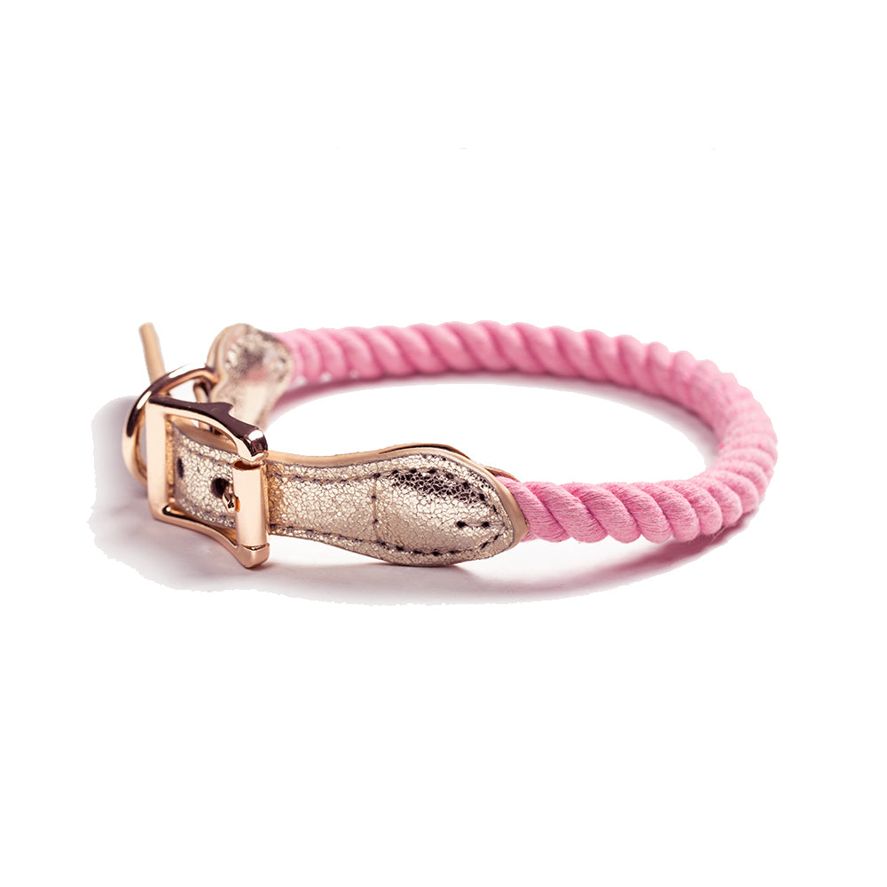 Tinklylife Dog Knit Collar - Pink+Gold Leather