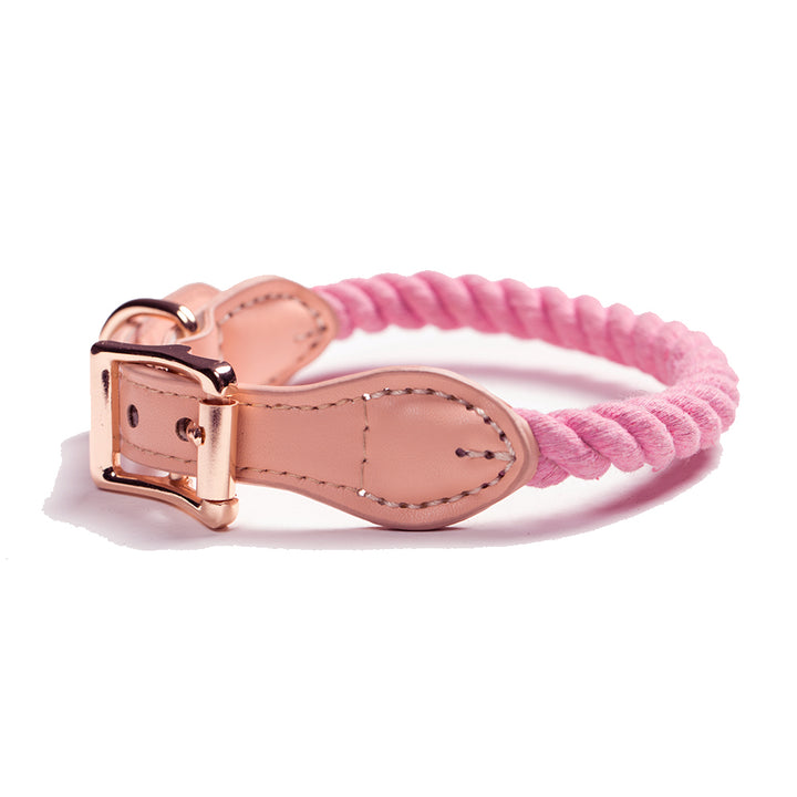 Tinklylife Dog Knit Collar - Pink+Natural Leather
