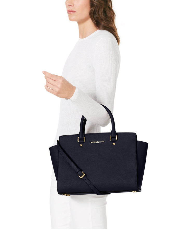 Michael Kors SELMA Large Saffiano Leather Satchel - Navy