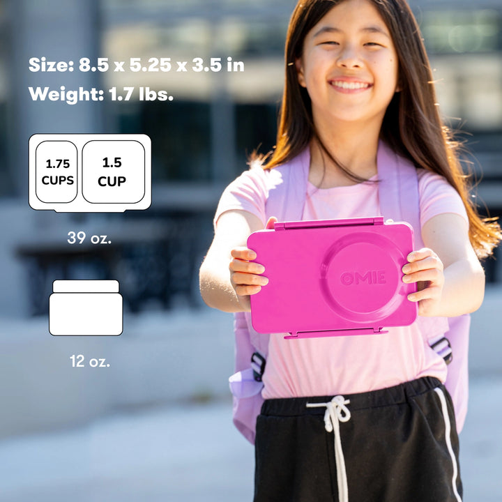 >OmieBox UP Lunch Box with Fork, Spoon + Pod Set - Pop Pink 9Y+