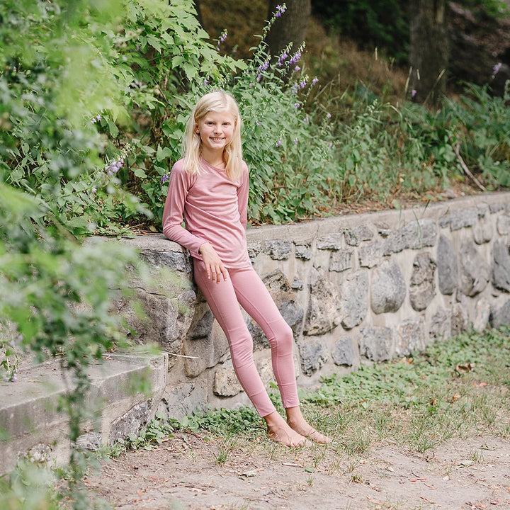 >Woolino Kids Merino Wool Base Layer Long Sleeve Top + Leggings Set - Blush Pink