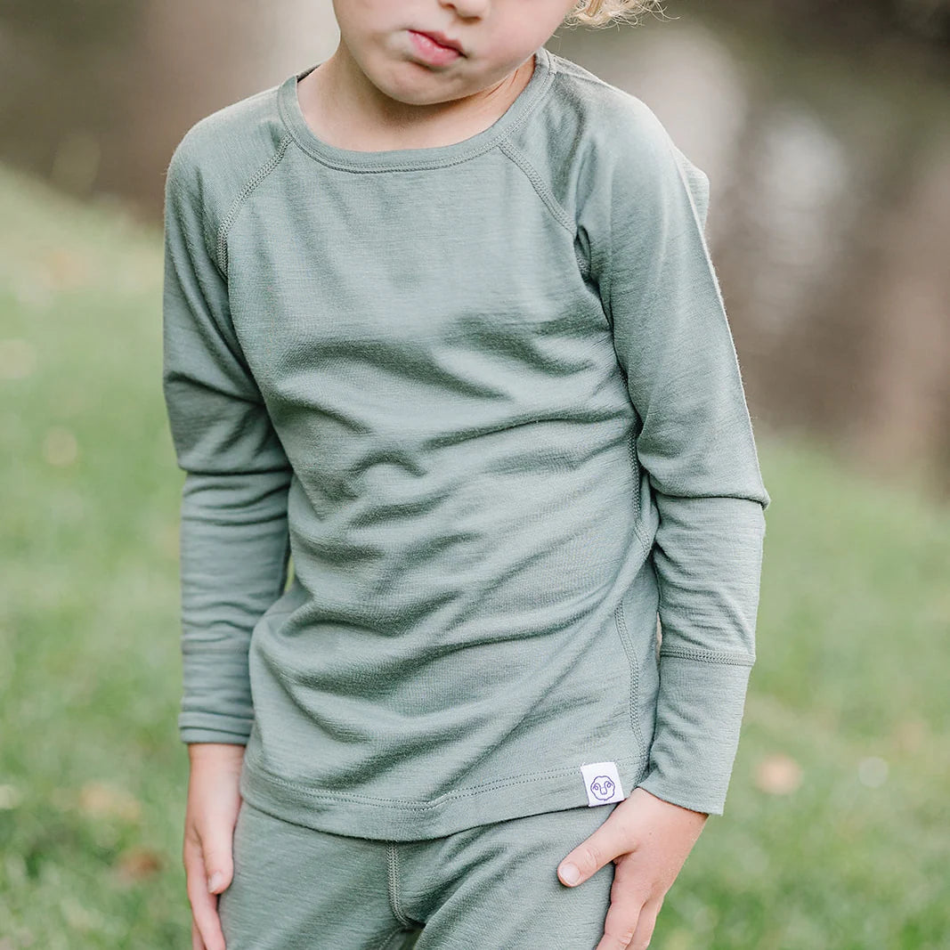 >Woolino Kids Merino Wool Base Layer Long Sleeve Top + Leggings Set - Sage