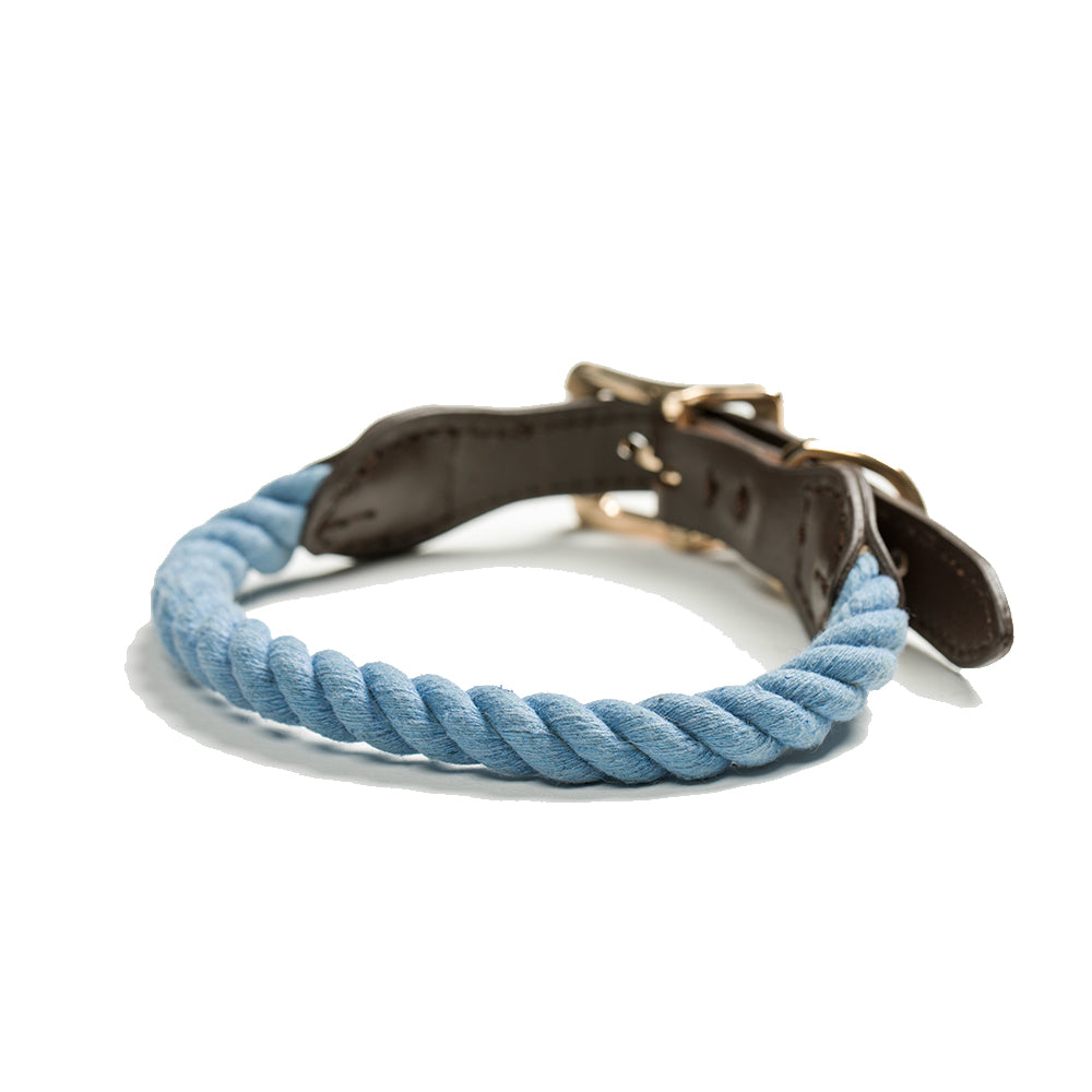 Tinklylife Dog Knit Collar - Blue+Brown Leather