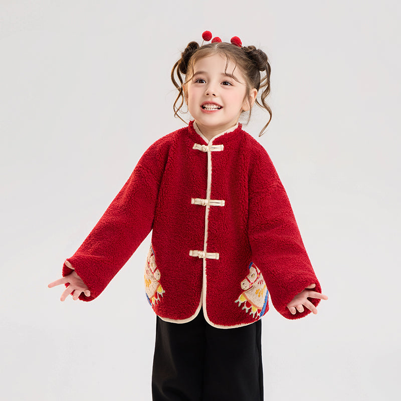 >Nian 年衣 喜乐戏马加绒外套 - 年衣红