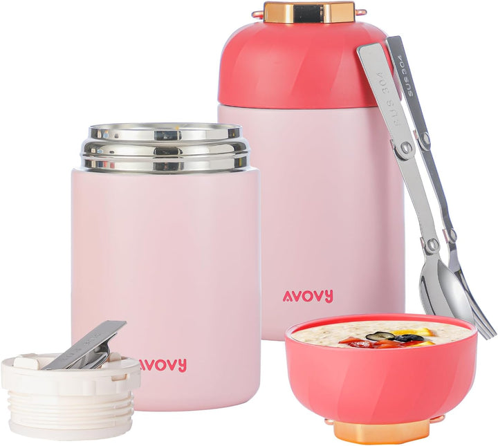[Single-Pack] Hot & Cold Vacuum Insulated Thermal Food Jar w/ Spoon+Fork - Pink
