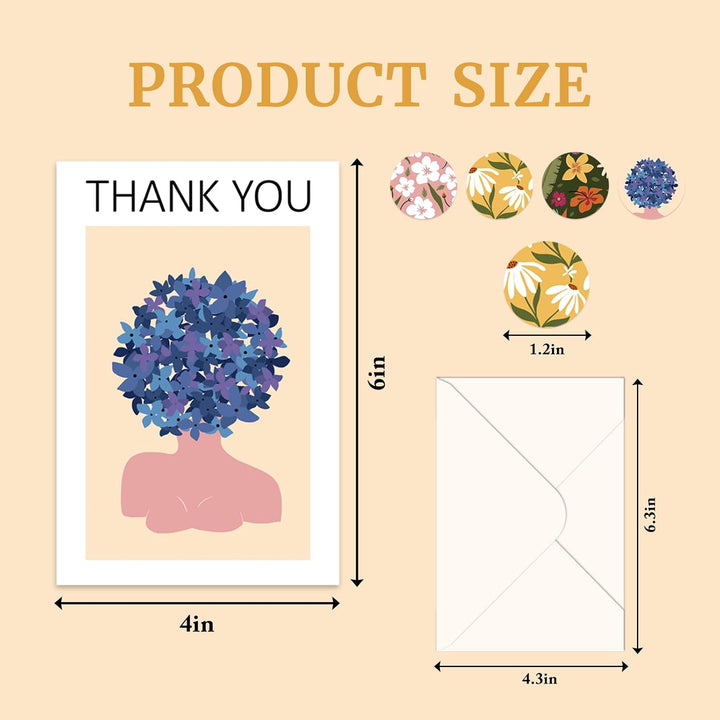 48 Pcs Thank You Cards with Envelopes + Seal Stickers - Painted Flower