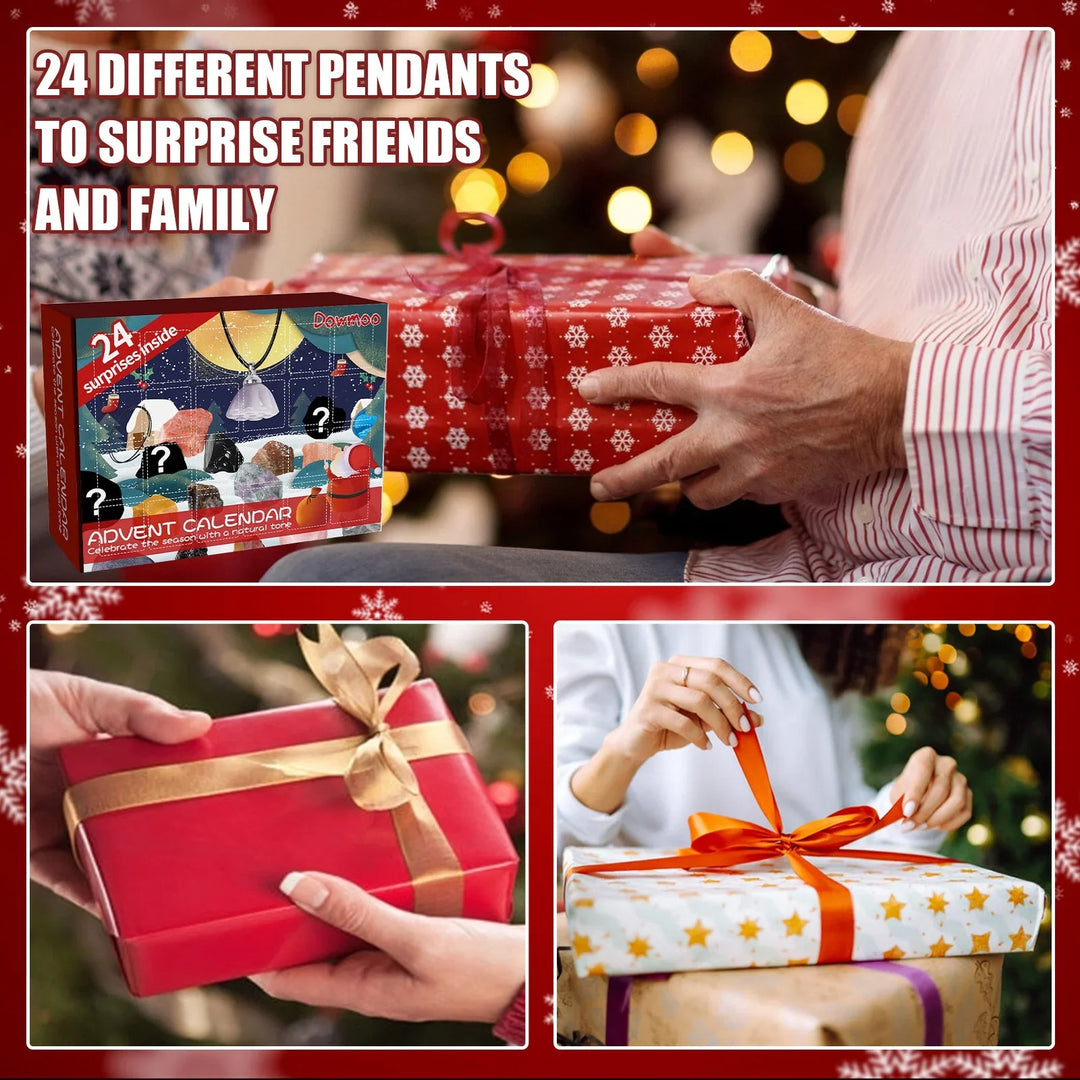 24 Days Christmas Countdown Calendar w/ 24-Grid Ore Polished Gemstones Surprise Blind Box Set