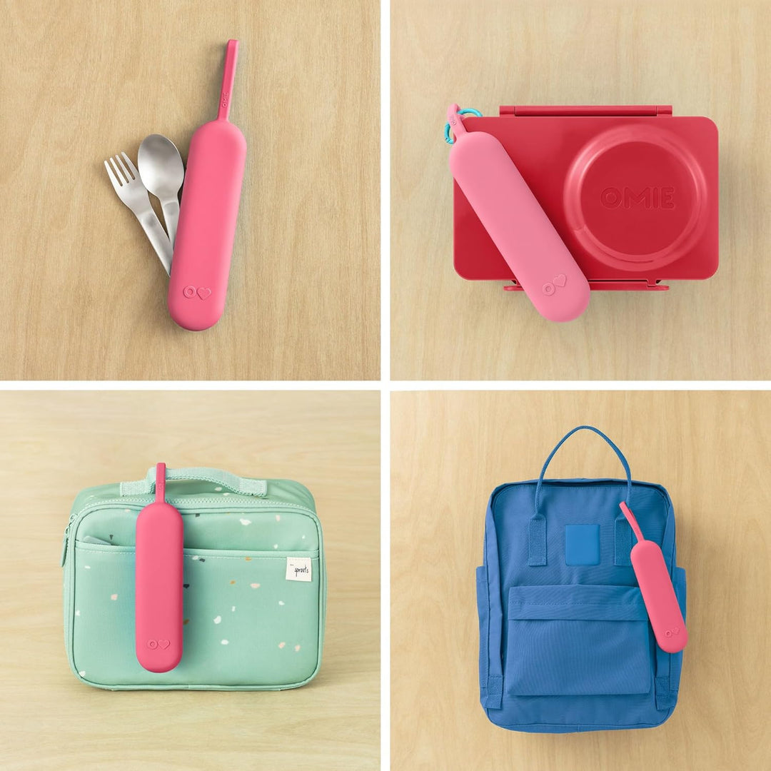 OmieBox UP Lunch Box with Fork, Spoon + Pod Set (Cherry Pink)