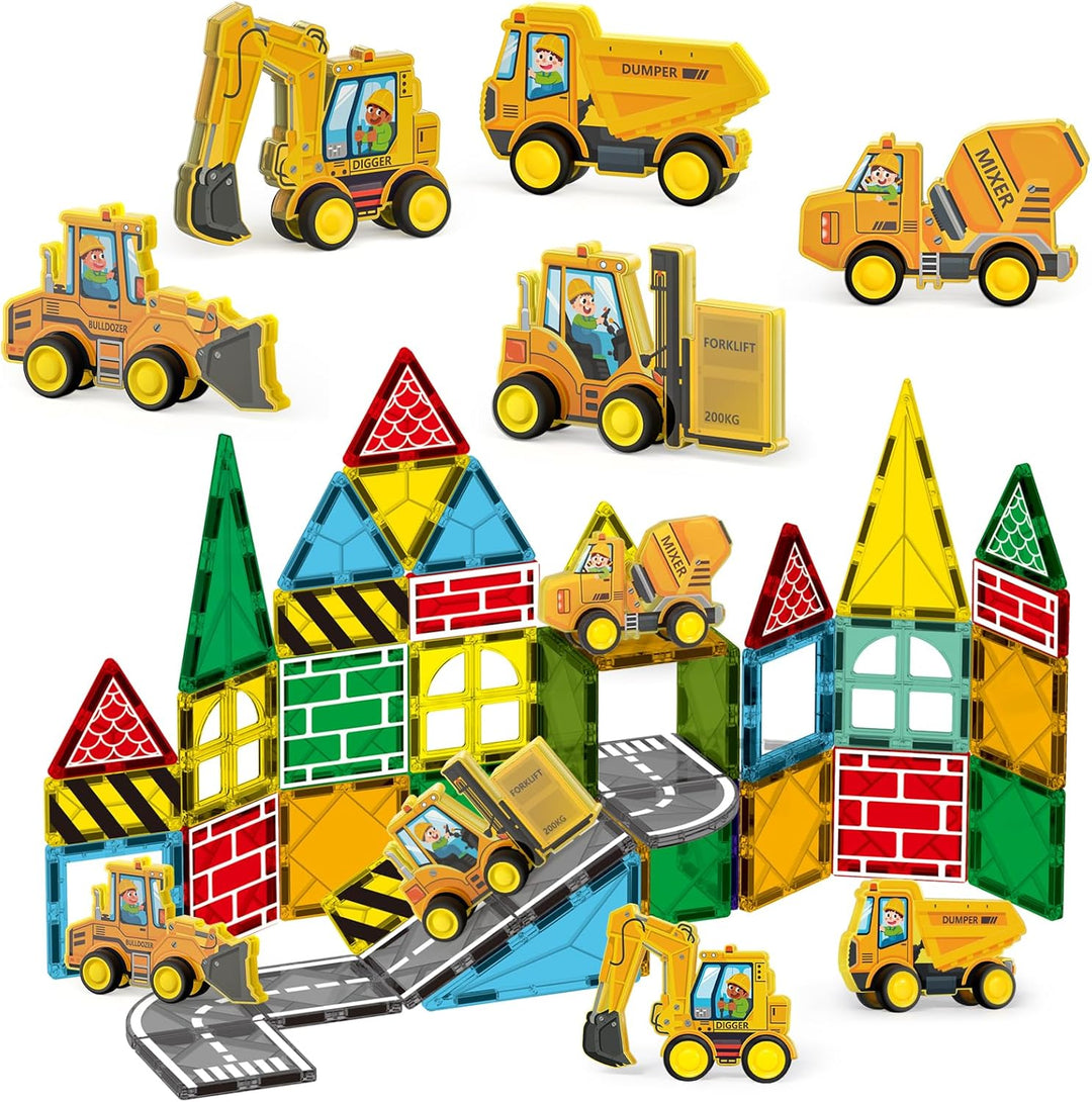 Magnetic Tiles Engineer Expansion Pack – 5 Pcs Construction Vehicles + 25 Pcs Road Building Magnetic Blocks