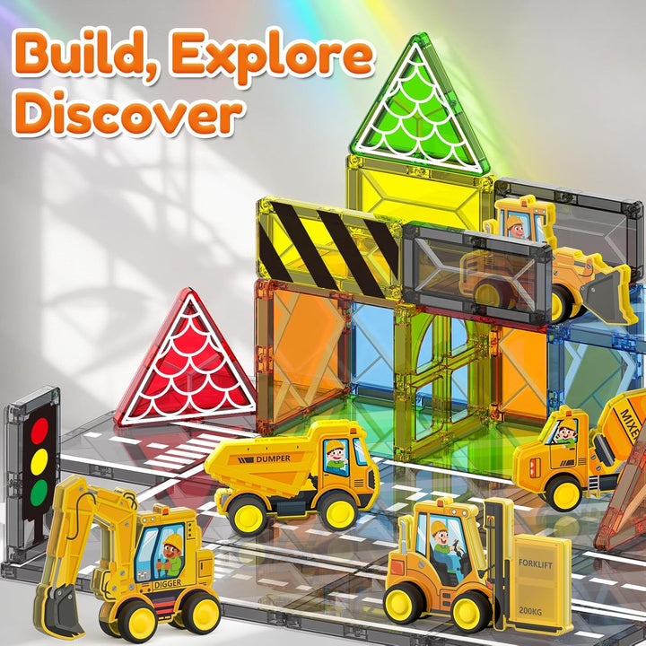 Magnetic Tiles Engineer Expansion Pack – 5 Pcs Construction Vehicles + 25 Pcs Road Building Magnetic Blocks