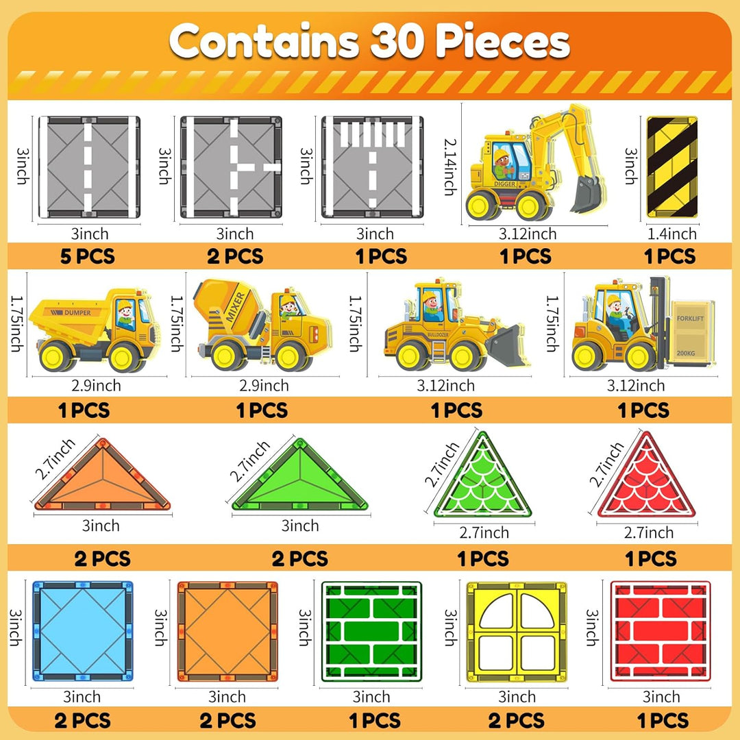 Magnetic Tiles Engineer Expansion Pack – 5 Pcs Construction Vehicles + 25 Pcs Road Building Magnetic Blocks