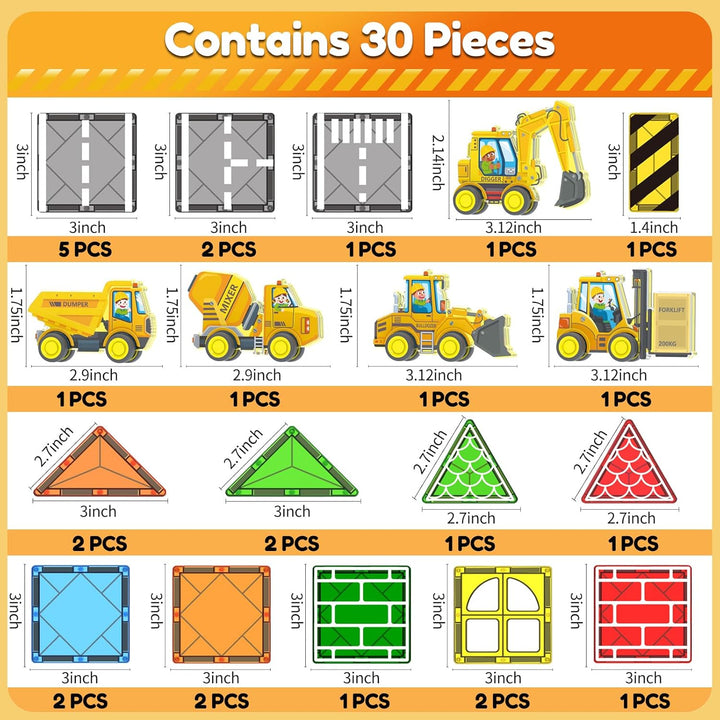 Magnetic Tiles Engineer Expansion Pack – 5 Pcs Construction Vehicles + 25 Pcs Road Building Magnetic Blocks