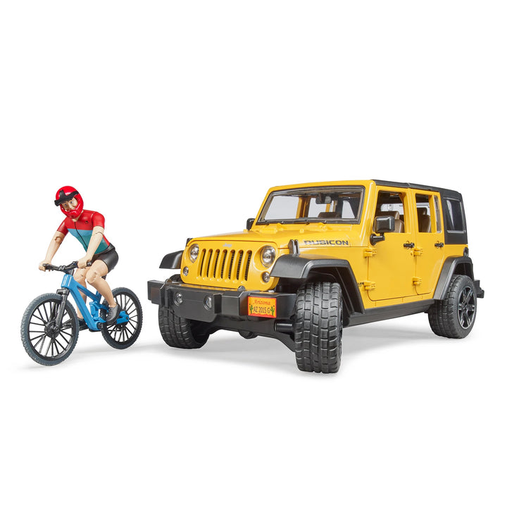 >Bruder 02543 Jeep Wrangler Rubicon Unlimited w/ 1 Mountain Bike and Male Cyclist