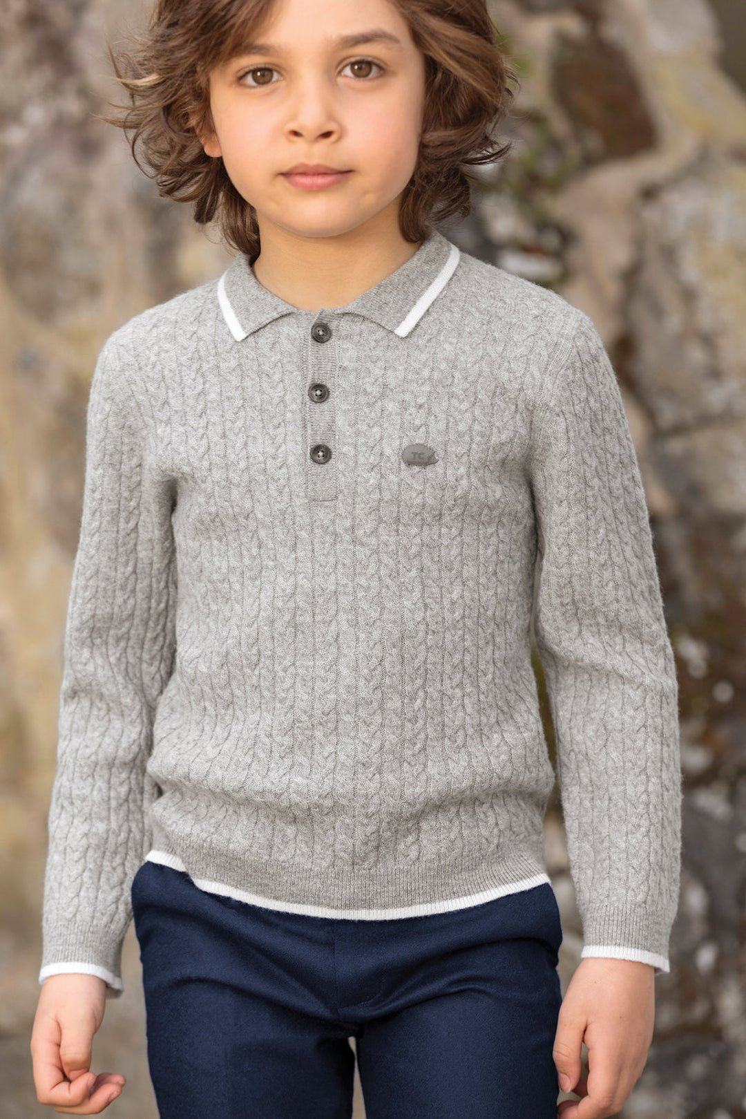 >Tartine et Chocolat Kids Wool Pointed Collar Stripe Sweater - Mottled Grey