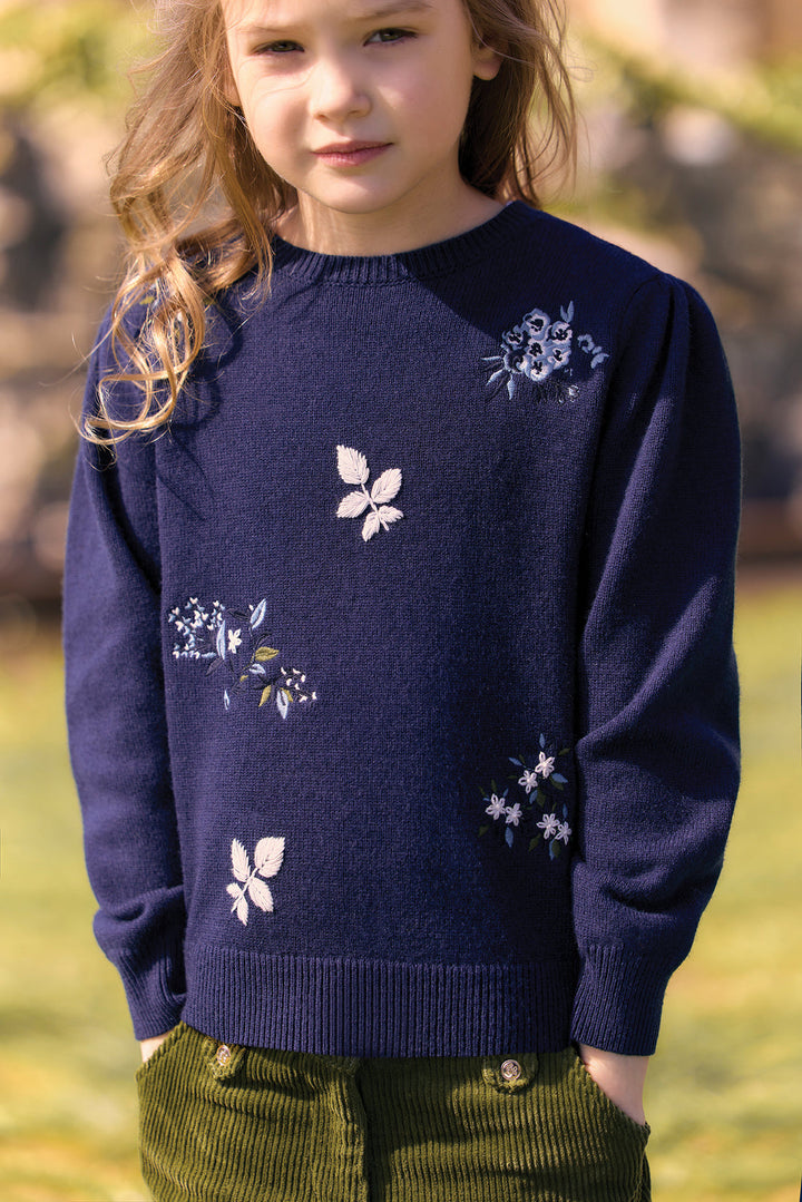 >Tartine et Chocolat Kids Wool Floral Embroidery Sweater - Navy