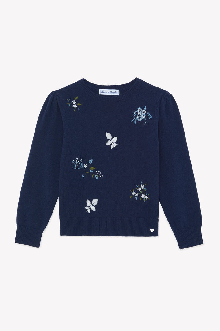 >Tartine et Chocolat Kids Wool Floral Embroidery Sweater - Navy