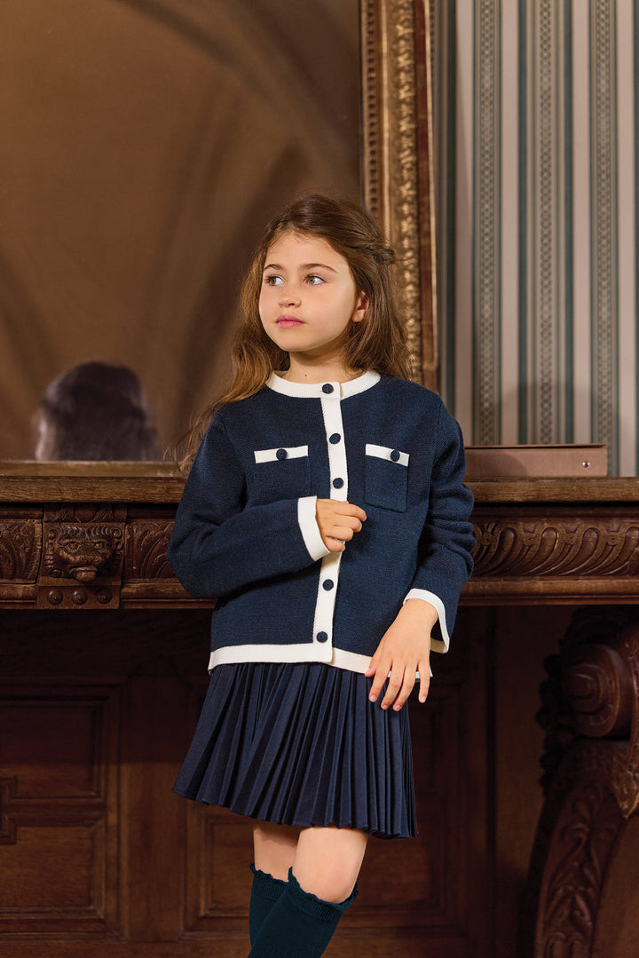 >Tartine et Chocolat Kids Wool Round Neck White Stripes Jacket - Navy