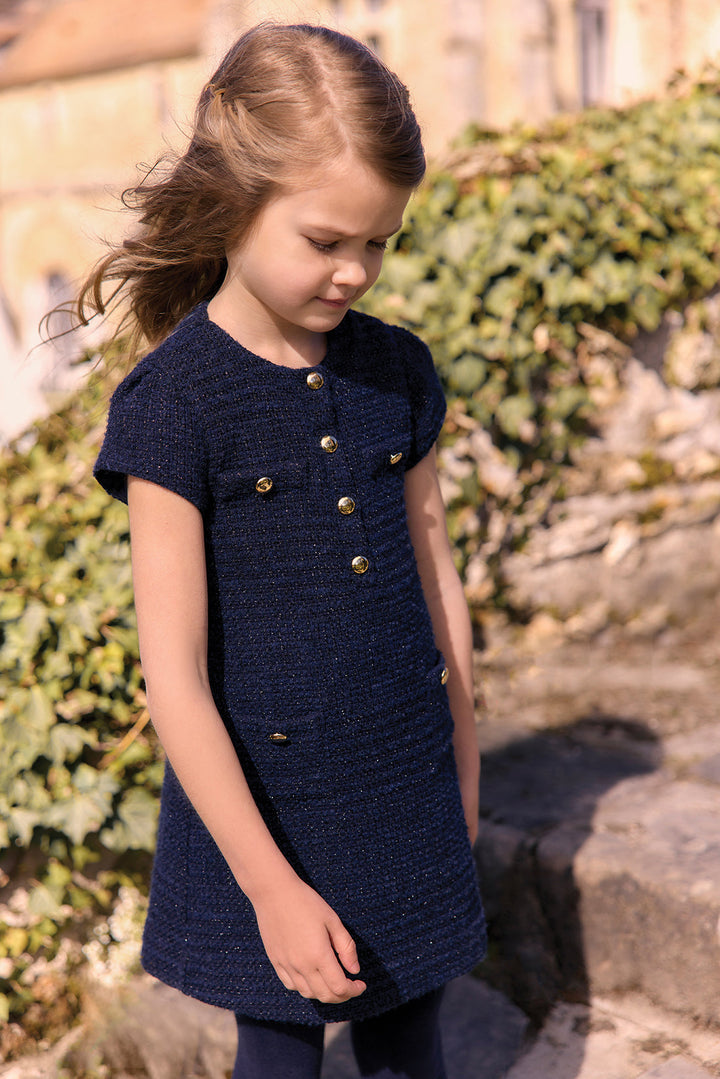 >Tartine et Chocolat Kids Girl Round Neck Tweed Buttons Dress - Navy