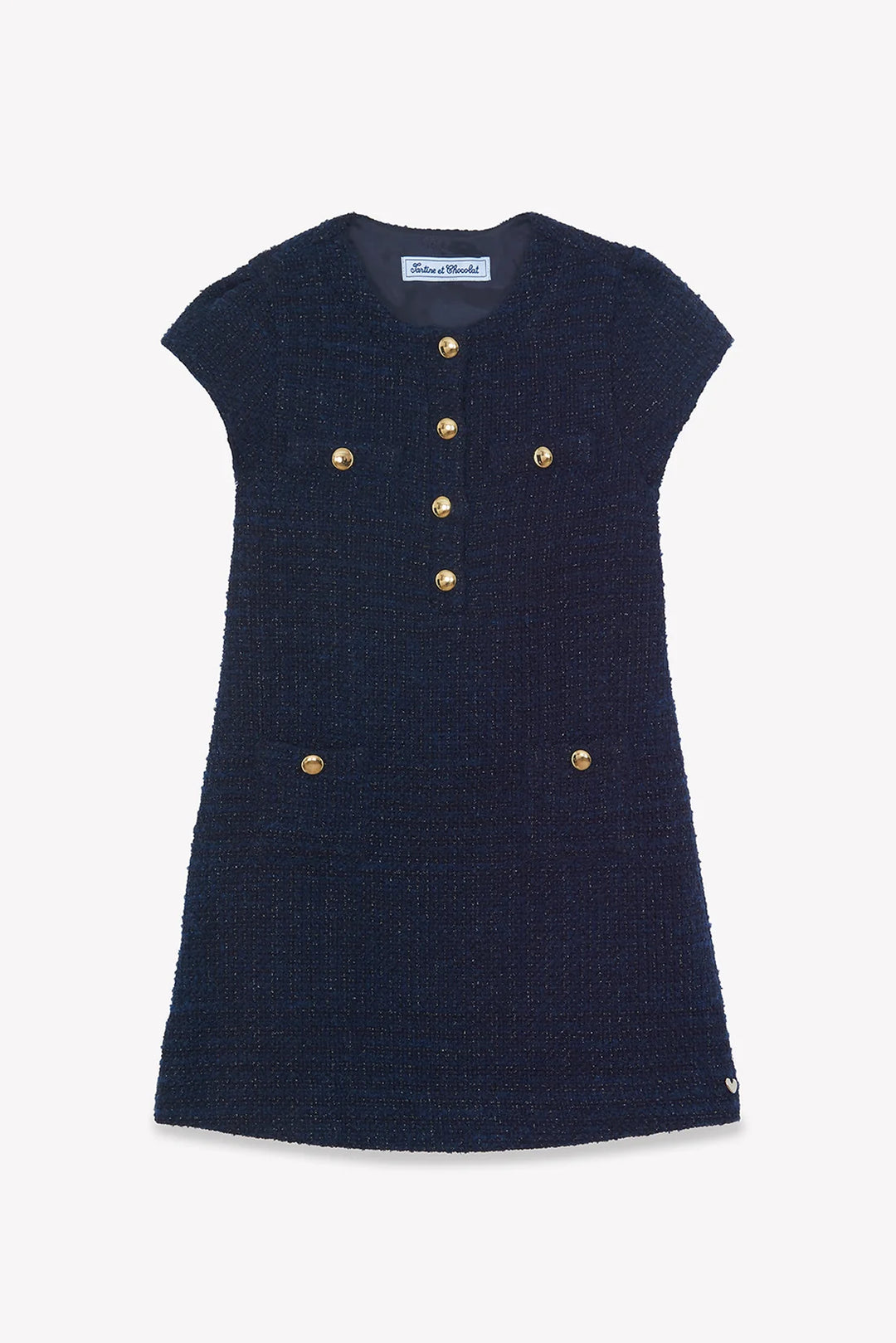>Tartine et Chocolat Kids Girl Round Neck Tweed Buttons Dress - Navy