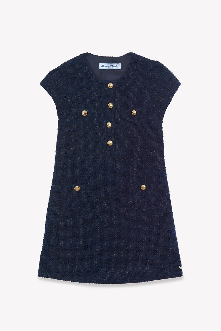 >Tartine et Chocolat Kids Girl Round Neck Tweed Buttons Dress - Navy