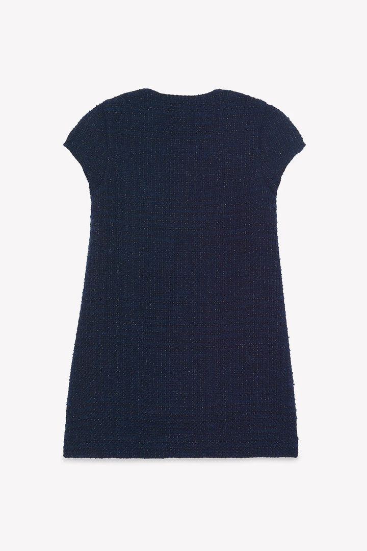 >Tartine et Chocolat Kids Girl Round Neck Tweed Buttons Dress - Navy