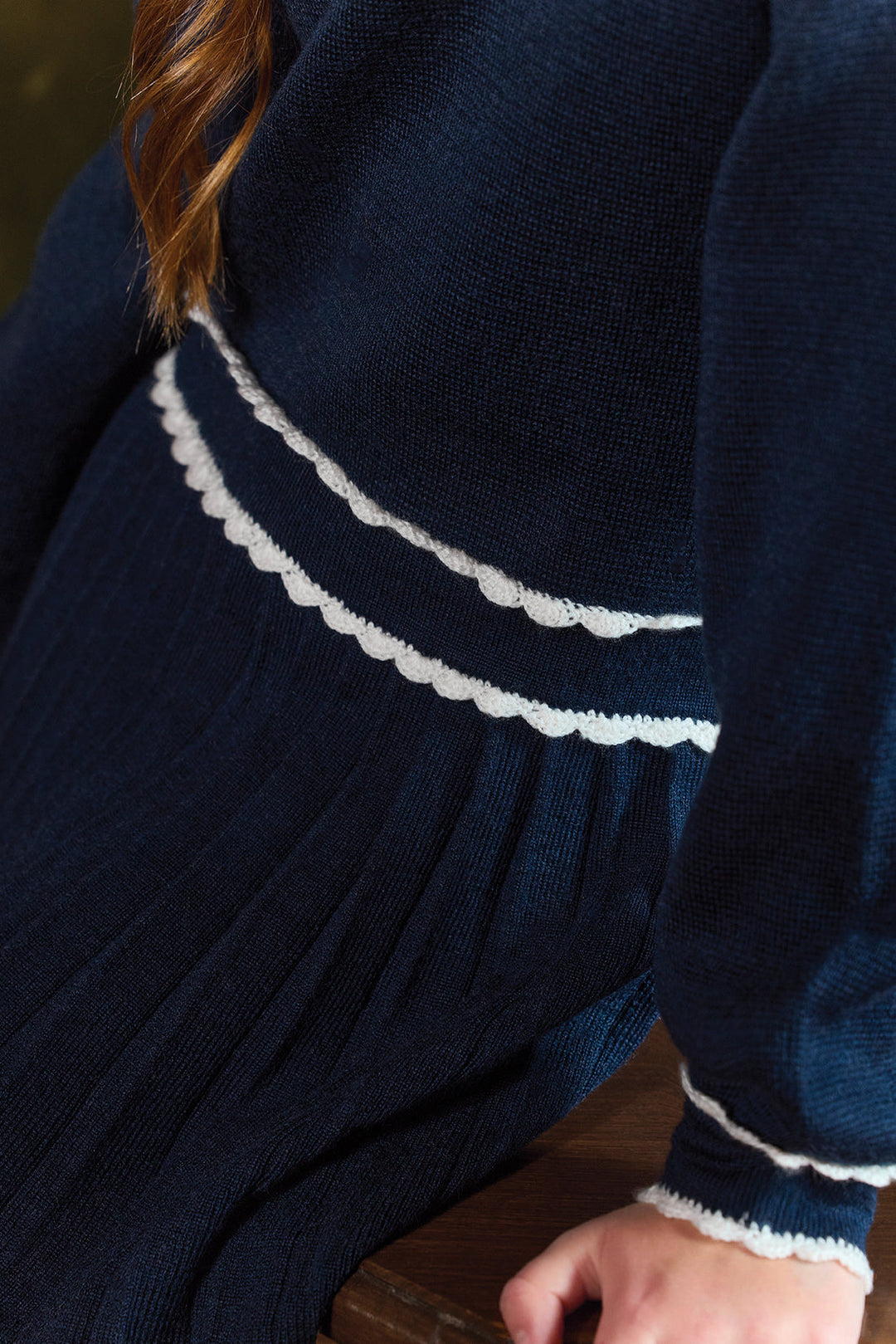 >Tartine et Chocolat Kids Girls Wool Scalloped High Collar Dress - Navy
