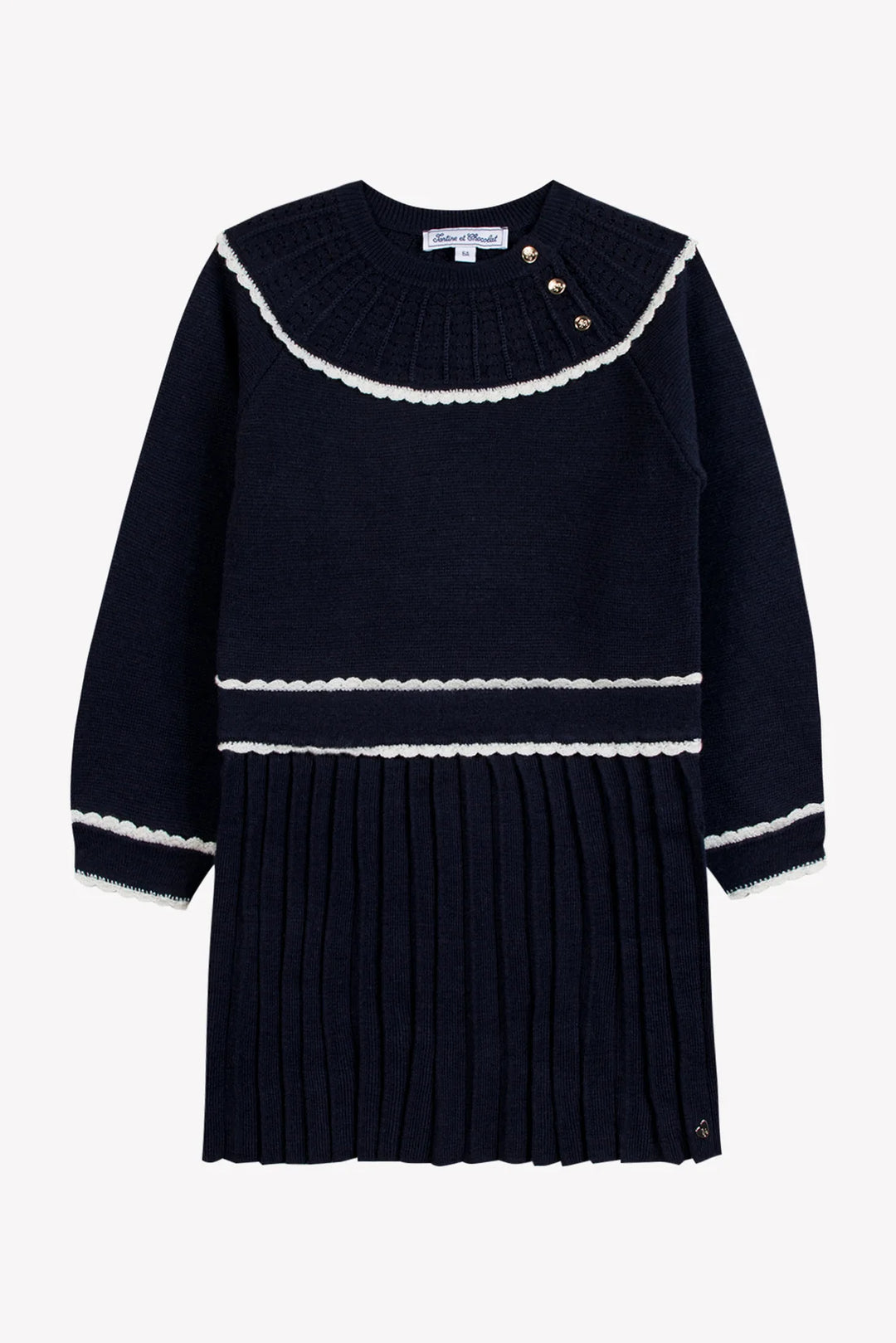 >Tartine et Chocolat Kids Girls Wool Scalloped High Collar Dress - Navy