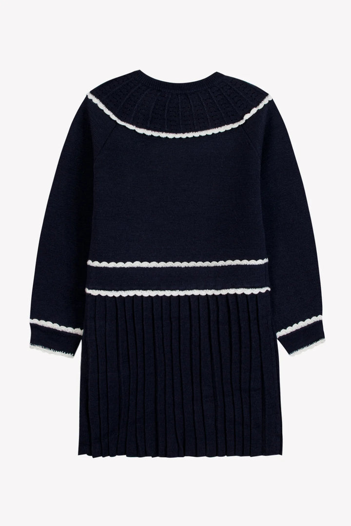 >Tartine et Chocolat Kids Girls Wool Scalloped High Collar Dress - Navy