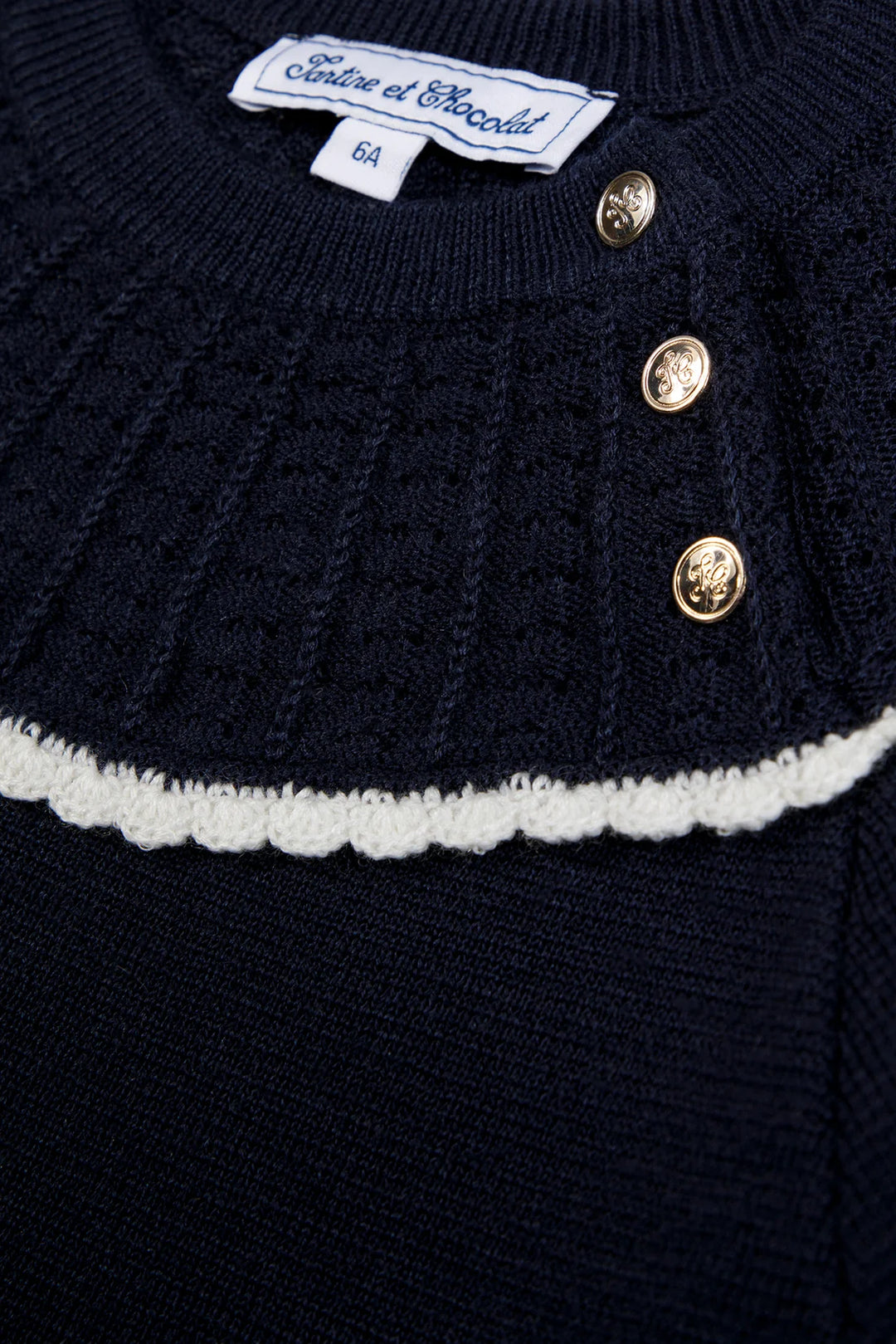 >Tartine et Chocolat Kids Girls Wool Scalloped High Collar Dress - Navy