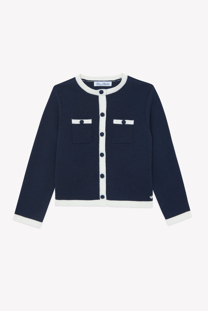 >Tartine et Chocolat Kids Wool Round Neck White Stripes Jacket - Navy