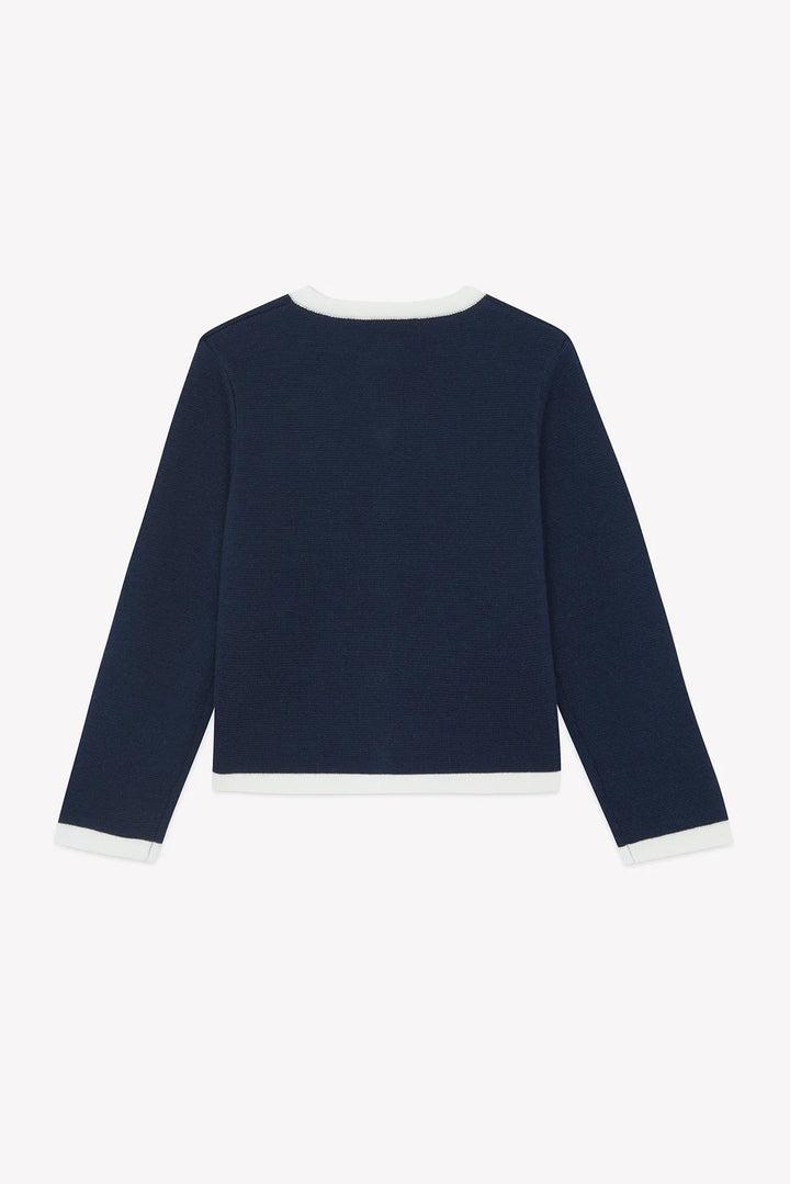 >Tartine et Chocolat Kids Wool Round Neck White Stripes Jacket - Navy