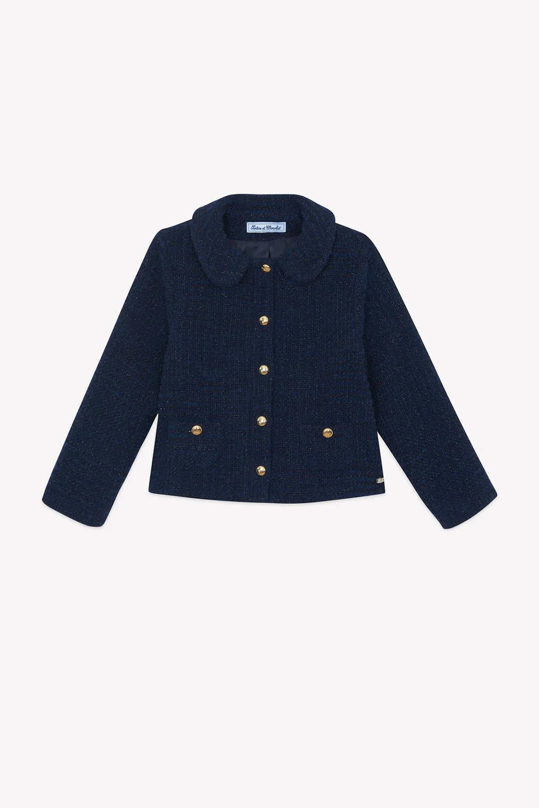 >Tartine et Chocolat Kids Peter Pan Collar Tweed Gold Buttons Jacket - Navy