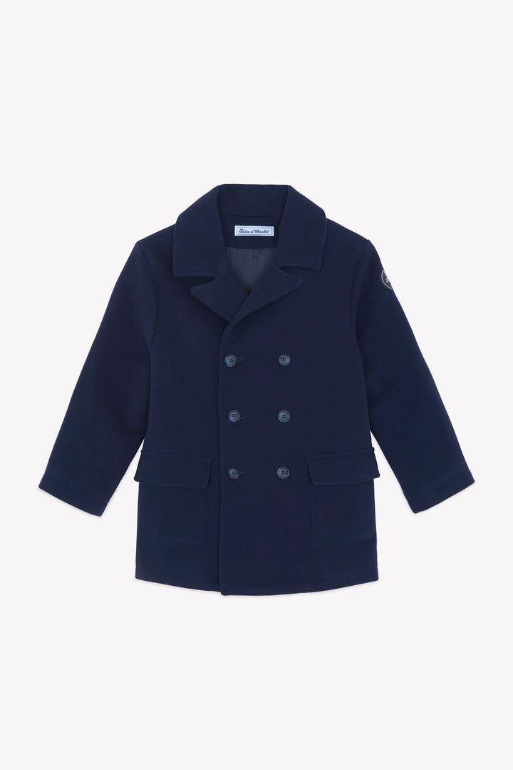 >Tartine et Chocolat Kids Wool Shawl Collar Coat - Navy
