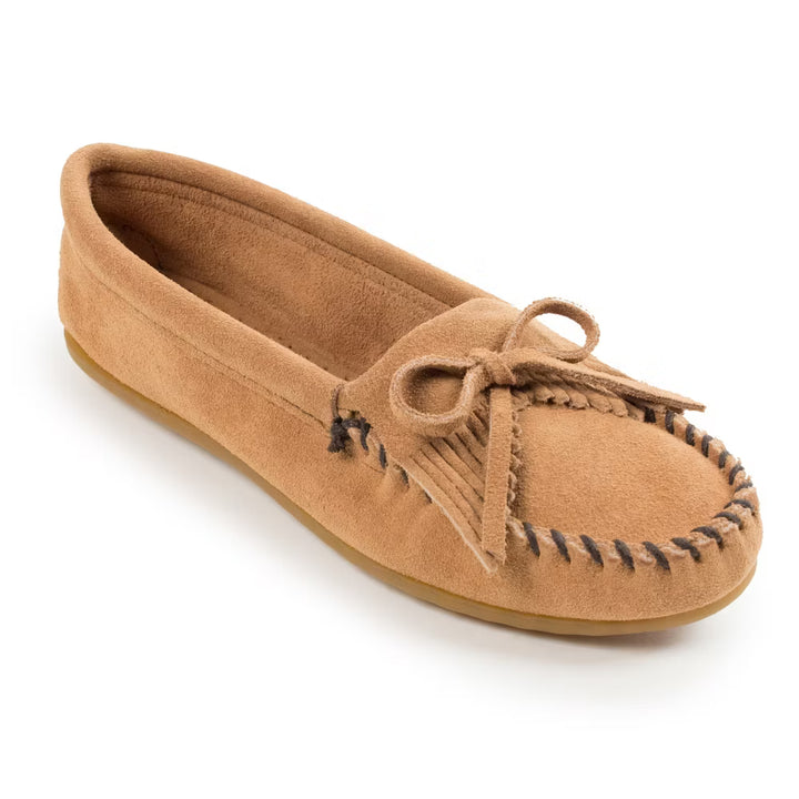 Minnetonka Moccasins Women's Kilty Hardsole Leather Shoes - Taupe [Displayed Items, Never Worn]