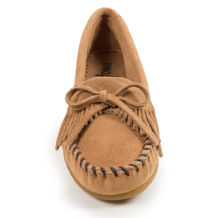 Minnetonka Moccasins Women's Kilty Hardsole Leather Shoes - Taupe [Displayed Items, Never Worn]