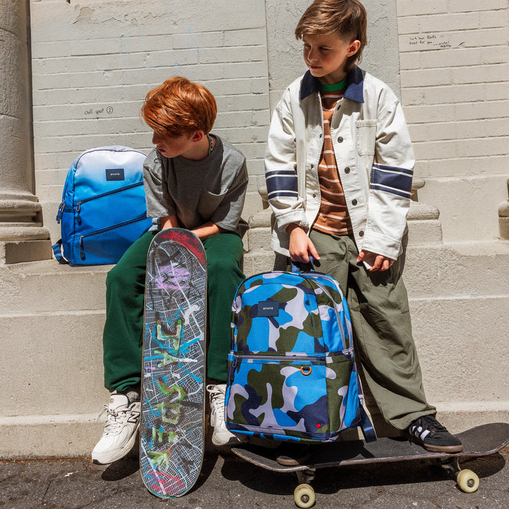 >State Bags Kane Kids Double Pocket Large Backpack in Blue Gradient Diagonal Zipper